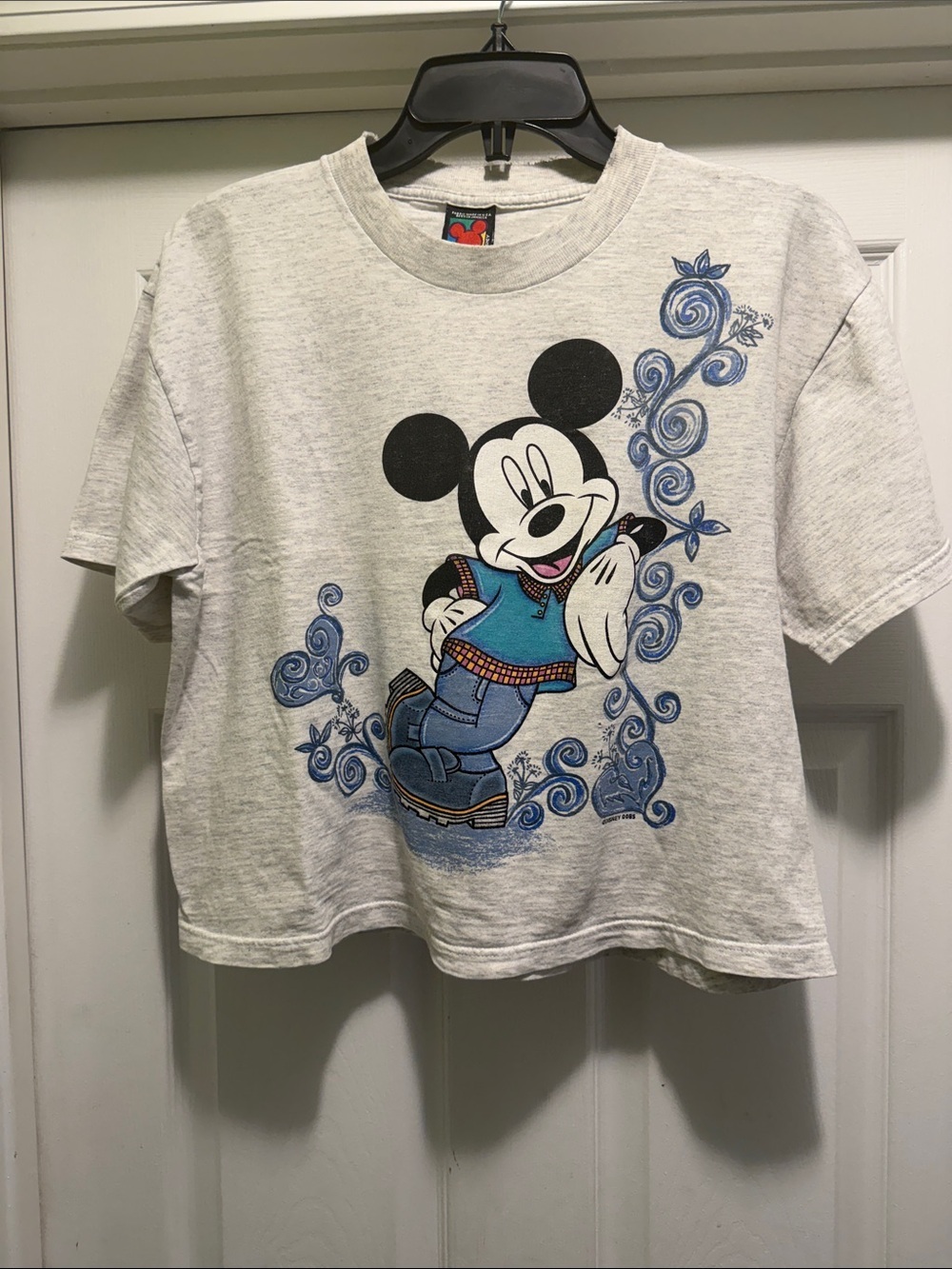 Vintage 90s Disney Mickey Mouse Cropped Tee Gray Blue Graphic M